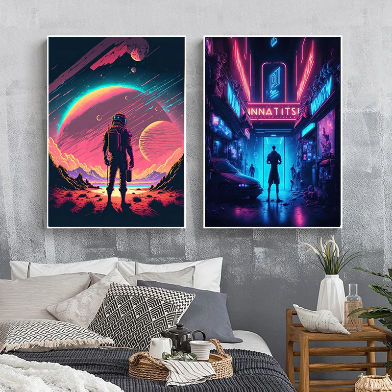 Modern Vintage Painting Synthwave Going down the road and Prints Canvas Poster Wall Art Pictures for Living Room Decor Cuadros