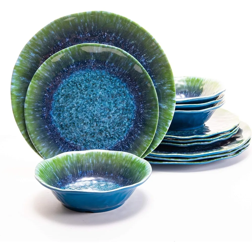 

melamine dinnerware set 12 pcs teal turquoise tableware plates bowls blue green dishwasher safe not microware not oven