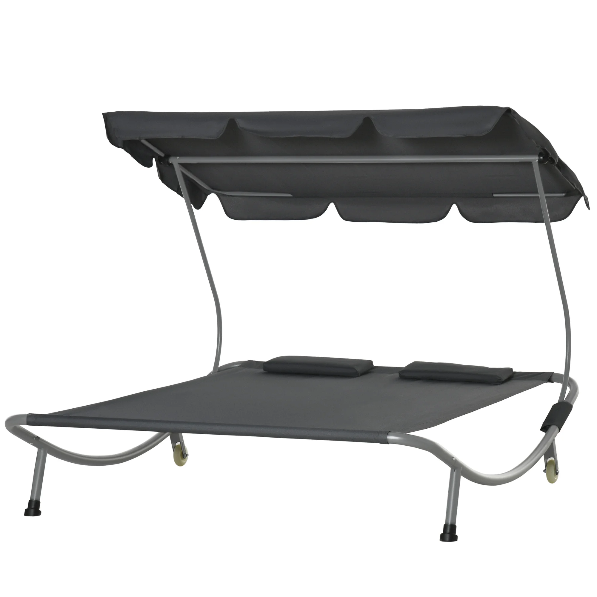 Double sun lounger with headrest and canopy, steel frame, portable patio tanning chair, grey, adjustable lumbar support,