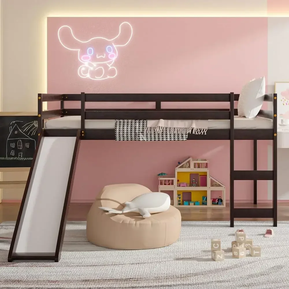Twin Lot Bed with Slide, Low Loft Bed with Stairs, Solid Wood Twin Loft Bed with Climbing Ladders, Guard Rails & Slat Support
