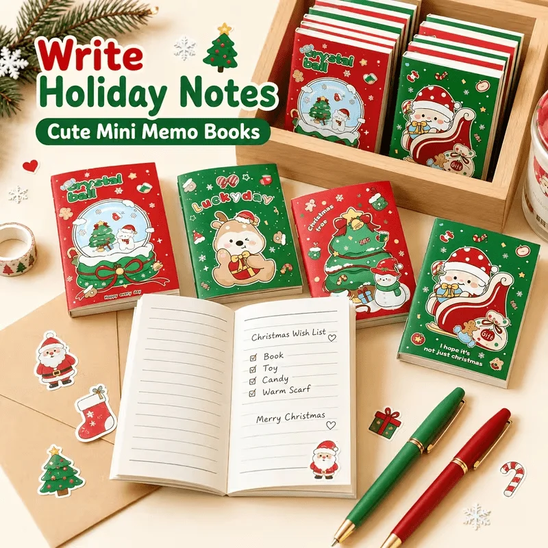 20Pcs Christmas Cartoon Sticky Notes, Random Christmas Tree Snow Globe Reindeer Snowman Illustration, Holiday Memo Pad Notepad