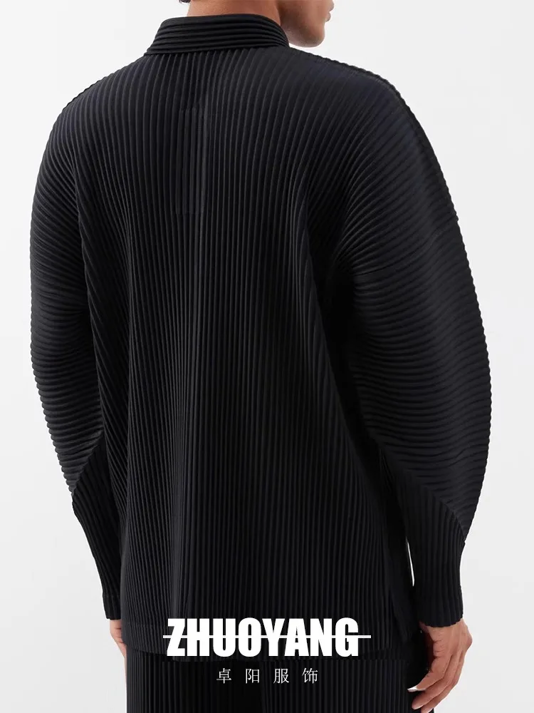 Miyake Pleated Polo Shirt Men's Solid Color 2025 Spring and Summer New Loose Casual Lapel Long-sleeved Shirt Business Casual