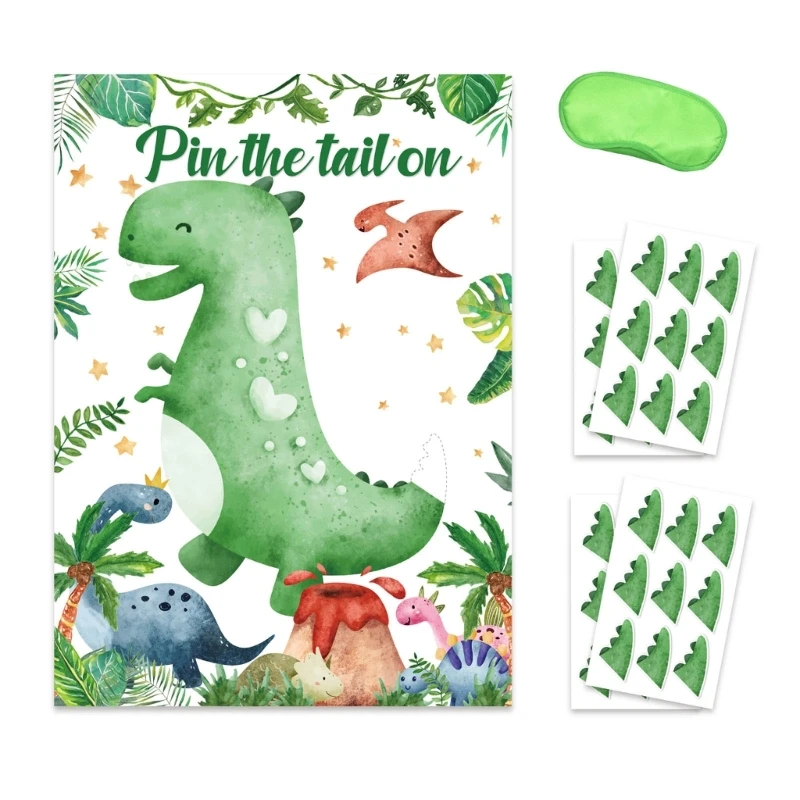 Pin The Tail on The Dinosaur Party Game with 1 Poster 36 Tail Stickers and 1xEye Mask Game Poster Props Party Supply Dropship