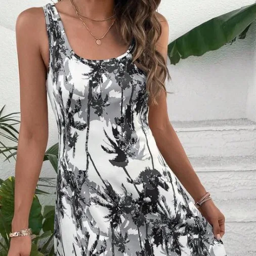 Elegant Bohemian Print Sleeveless Dress Women's High Waist A-Line Summer Casual Dress Floral Pattern Polyester Fabric