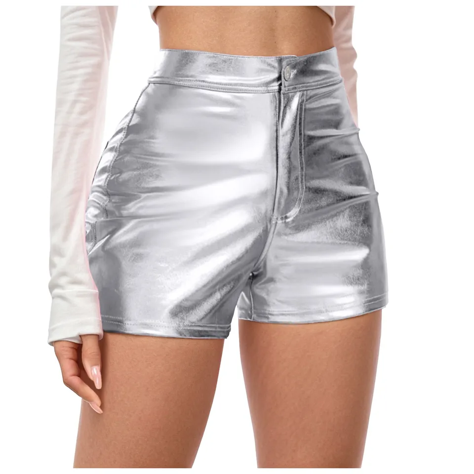 Fashionable Metallic Shiny High Waist Shorts for Women