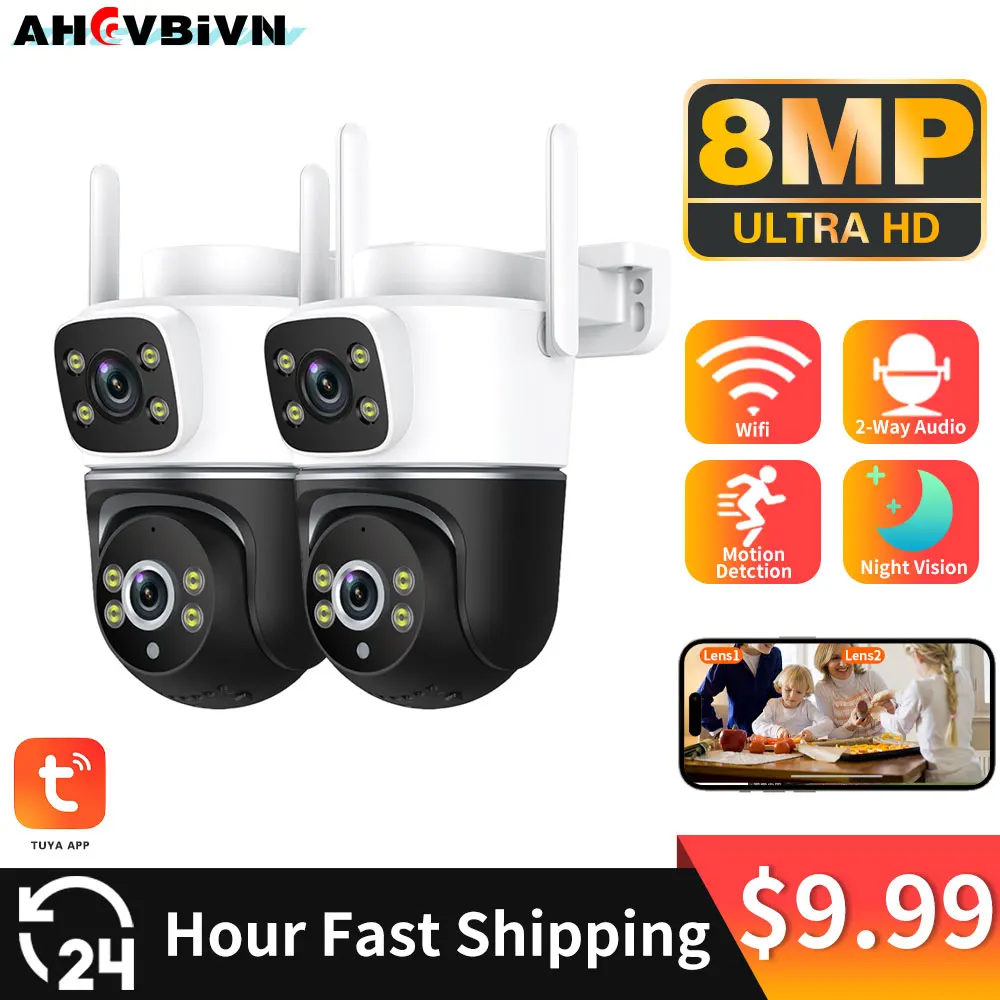 Tuya 8MP WiFi Camera 4K Surveillance Dual Lens Dual Screen PTZ Home Security-Protection CCTV Mini Video Security Camera Outdoor