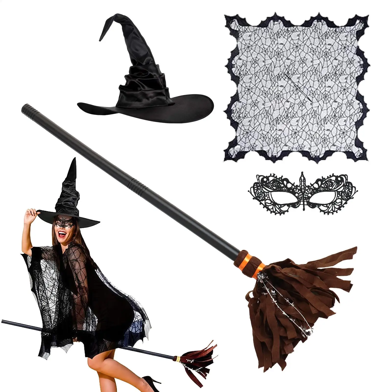 

Костюмы для косплея на Хэллоуин, накидка с паутиной, маска для глаз, шляпа ведьмы, метла, ролевые костюмы, 2025 год, реквизит для атмосферы вечеринки