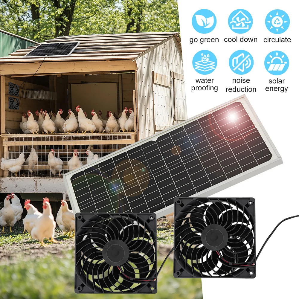 Waterproof Solar Exhaust Fan Set 2 Pack 5 Inch Cooling Fan Dual Airflow Design Solar Vent Fan with Install Kits For Chicken Coop Greenhouse Pet House Outdoor Shed