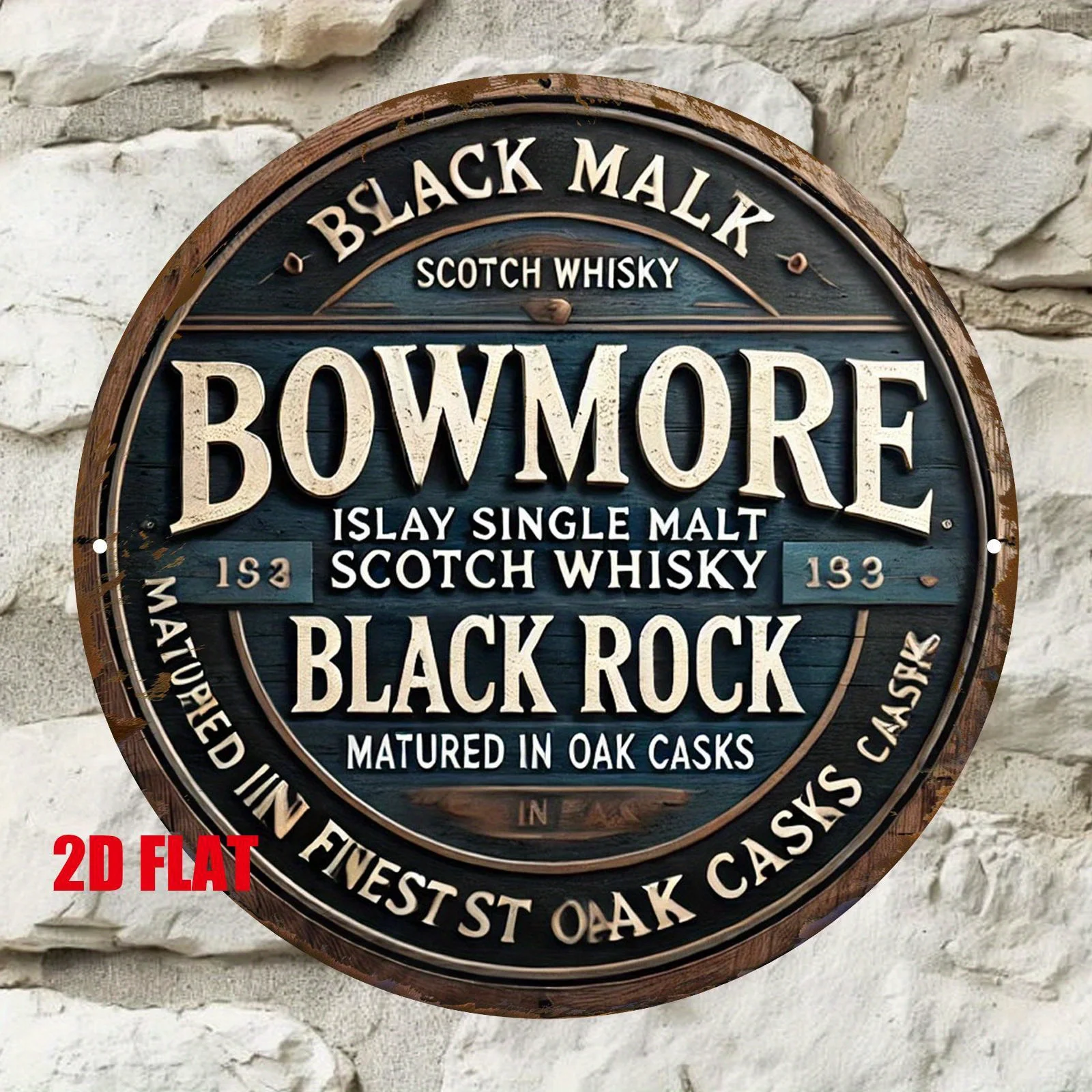 Letrero Redondo de Madera Vintage Bowmore, Arte de Pared Rústico con Impresión Plana 2D, Decoración Estética Retro de Whisky Escocés, Islay Single Malt Black R