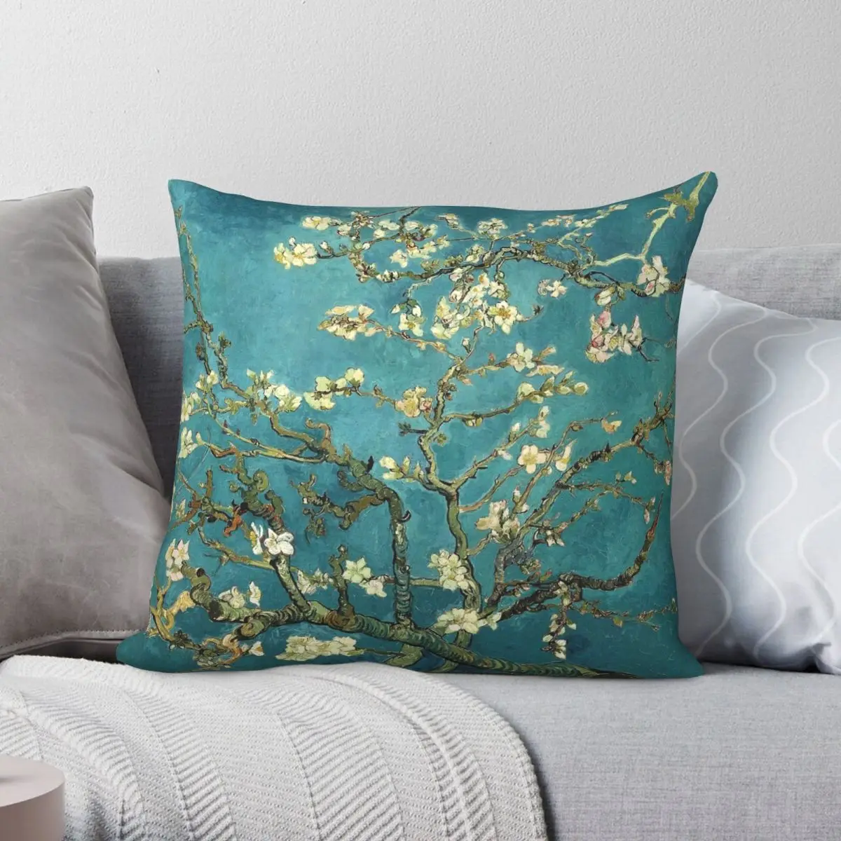 

Blossoming Almond Tree Square Pillowcase Polyester Linen Velvet Printed Zip Decor Throw Pillow Case Bed Cushion Cover