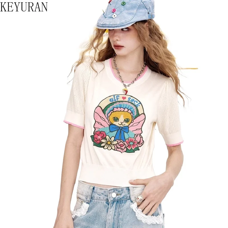 

Cat Embroidery Short Sleeve Knitted Sweater T-Shirt Women's 2025 Summer New O-neck Vintage Pullover Thin Knitwear Crop Tops Tees