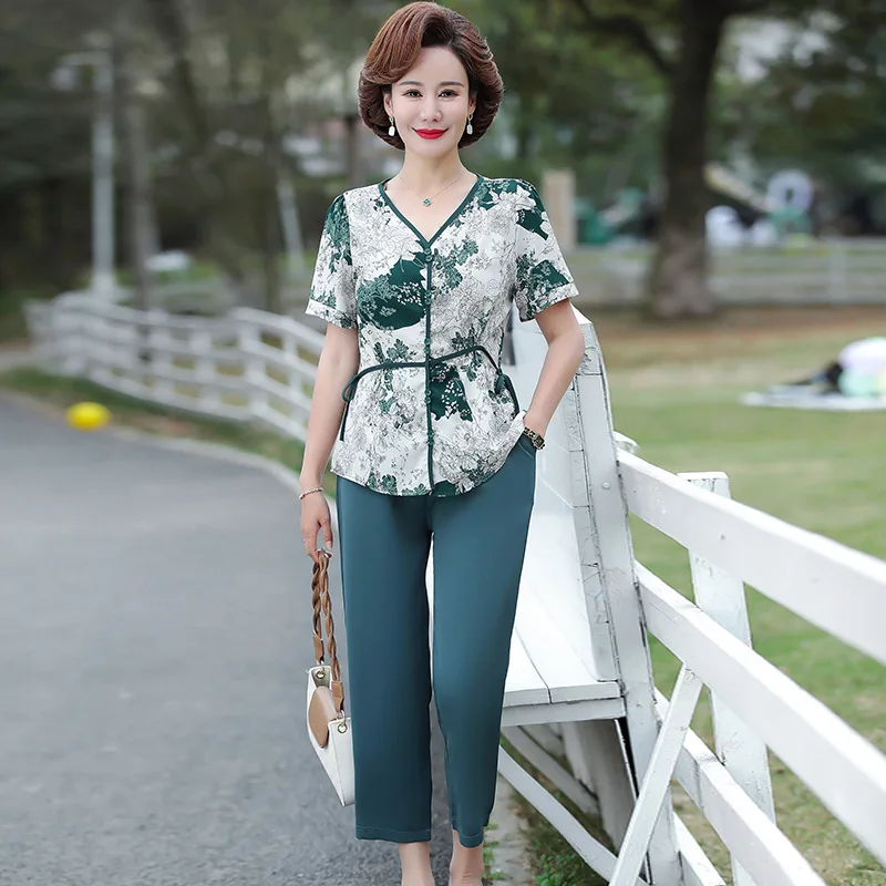 XL-5XL Matching Elegant 2-piece Sets For Women Outfit Short Sleeve Summer Middle Aged Mother Pants Suit Grandma Clothing