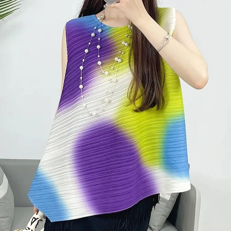

2026 Summer New Miyake Pleated Top Sleeveless Vest Irregular Design Women's T-Shirt Simple with Stretch Print Vacation Clothing