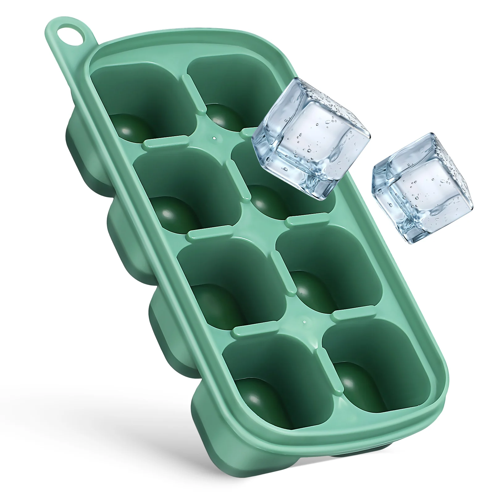 

Green Silicone Ice Cube Tray with Lid 8 Compartments Flexible Food Grade Easy Release Trays Freezer Storage Ice Maker
