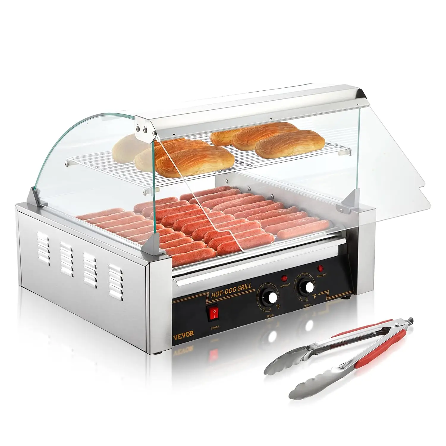 Hot Dog Roller, 30 Hot Dog Capacity 11 Rollers, 1800W Stainless Steel Cook Warmer Machine w/Cover & Dual Temp Control, LED Light