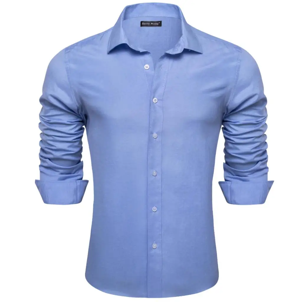 Designer Cotton Shirts for Men Solid Blue Green Pink Yellow Black Plain Slim Fit Male Blouses Casual Tops Barry Wang