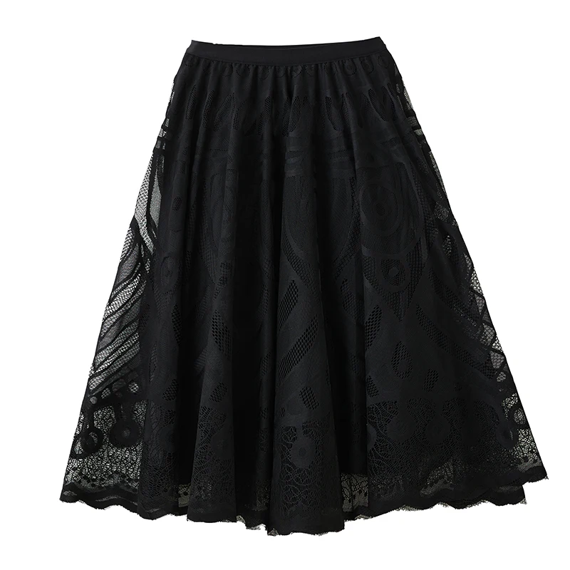 

Faionable Bla Lace Print Midi Skirt Spring Autumn New Sle A-Line Flared Skirt Casual Versatile High Waist Korean Sle