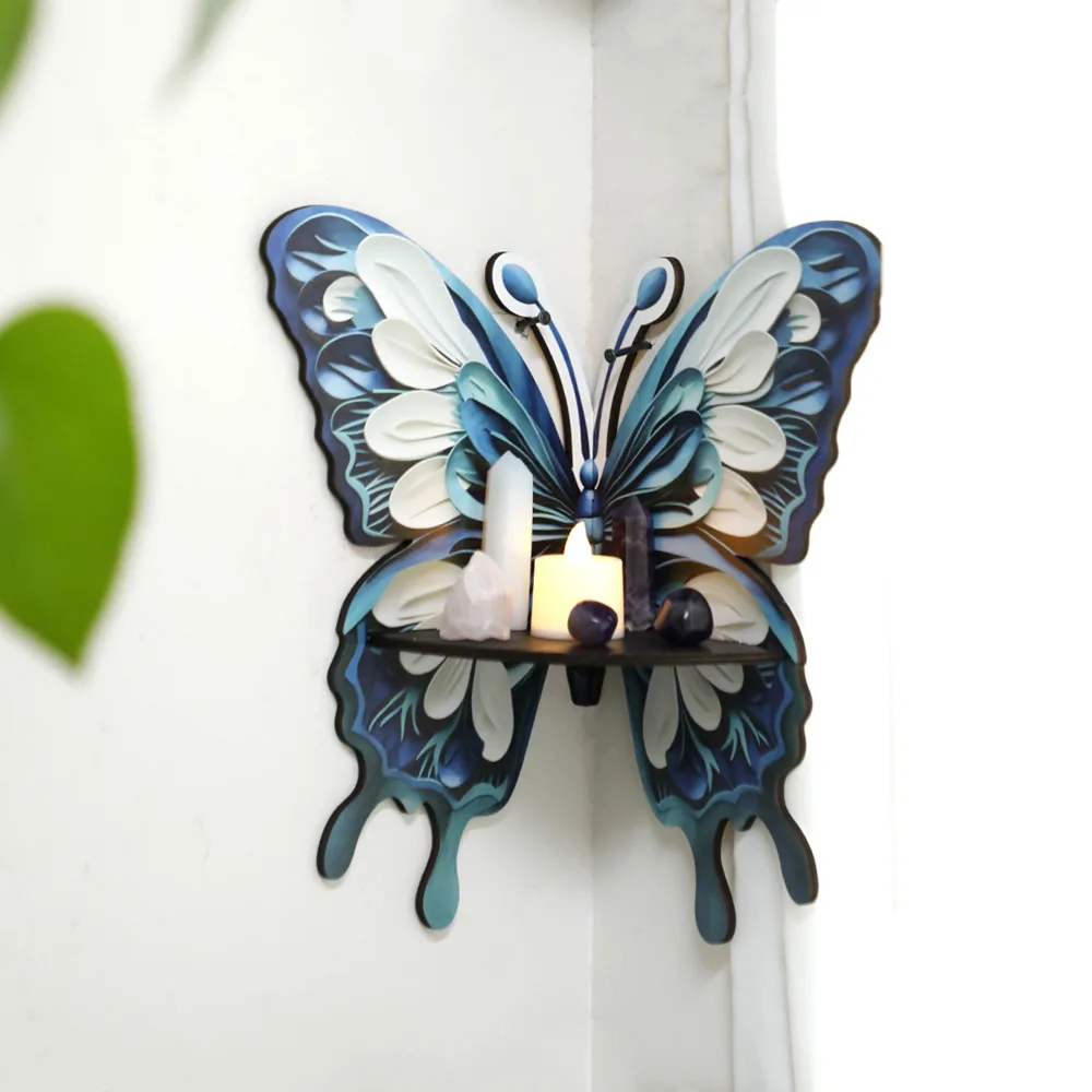 الخشب الأزرق الإبداعية فراشة الجرف جدار الزاوية ضوء العناصر تخزين الرف غرفة نوم المنزل شرفة الجدار الديكور فستان المنزل الجديد