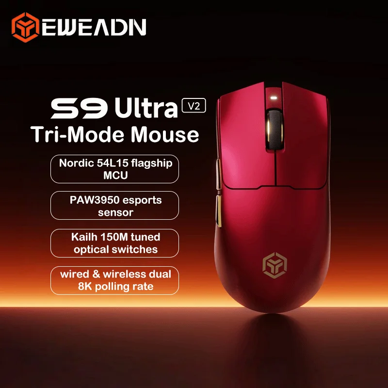 EWEADN S9 Ultra V2 TriMode Gaming Mouse PAW3950 Sensor 8K Polling Rate Nordic 54L15 Optical Switch Wireless 2.4G Bluetooth Wire