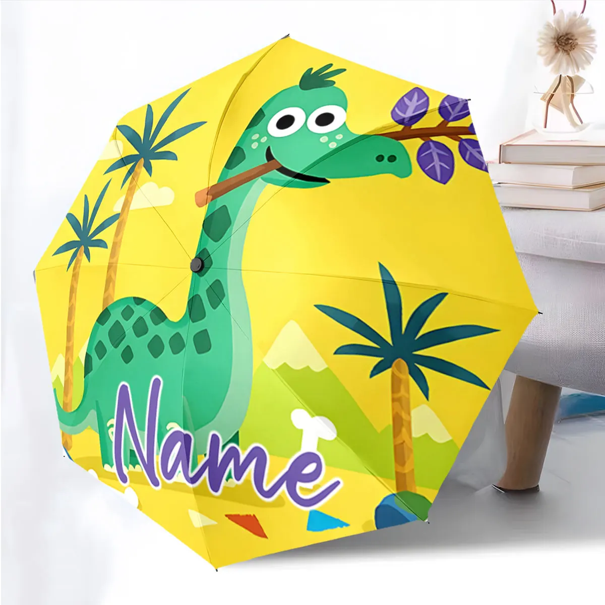 Custom Name Adorable Dinosaur Umbrella with Yellow Background Print 8 Iron Ribs Folding Umbrella Auto-Open Fashion Sunshade