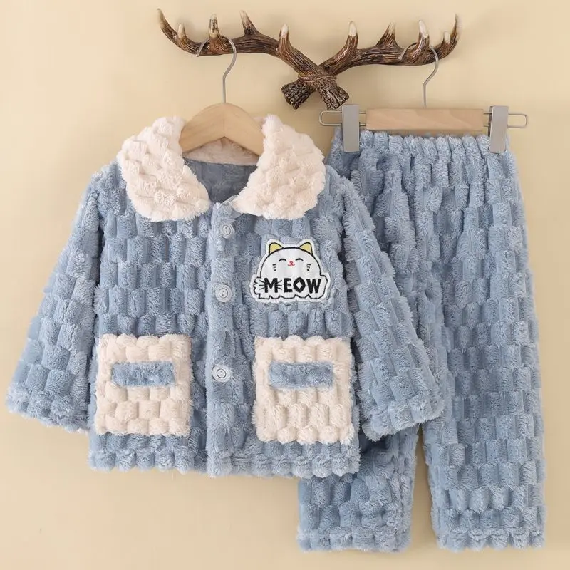 Boys Girls Winter Thick Fluffy Flannel Pajamas Set Kids Cute Cartoon Print Long Sleeve Lapel Tops + Pants Warm Pyjamas Sleepwear