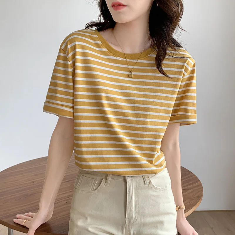 

Women's Summer Short Sleeve Striped T-shirt Loose Round Neck Versatile Cotton T-shirt Vintage Color Matching Bottoming Shirt