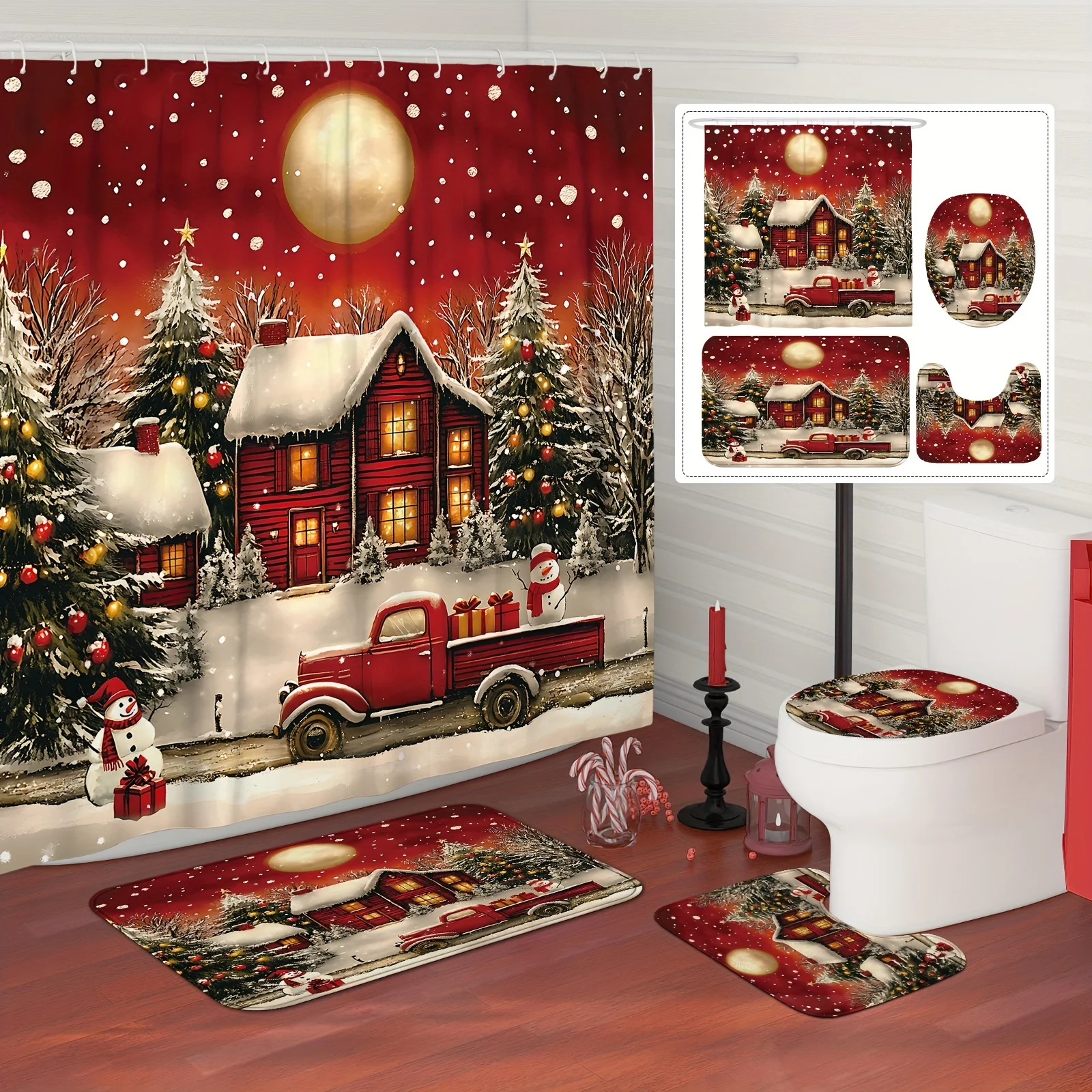

4Pcs Xmas Bath Set, Snowman Truck & Snowflakes, Red Green Design, 12 Hooks, Non-Slip Mat, U-Shaped Cover, Holiday Gift