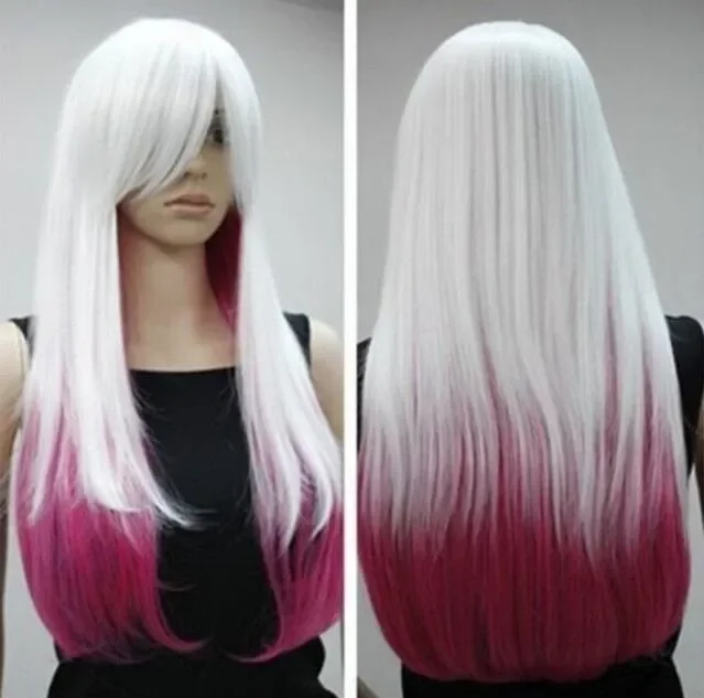 new white and rose red mix long straight cosplay wig