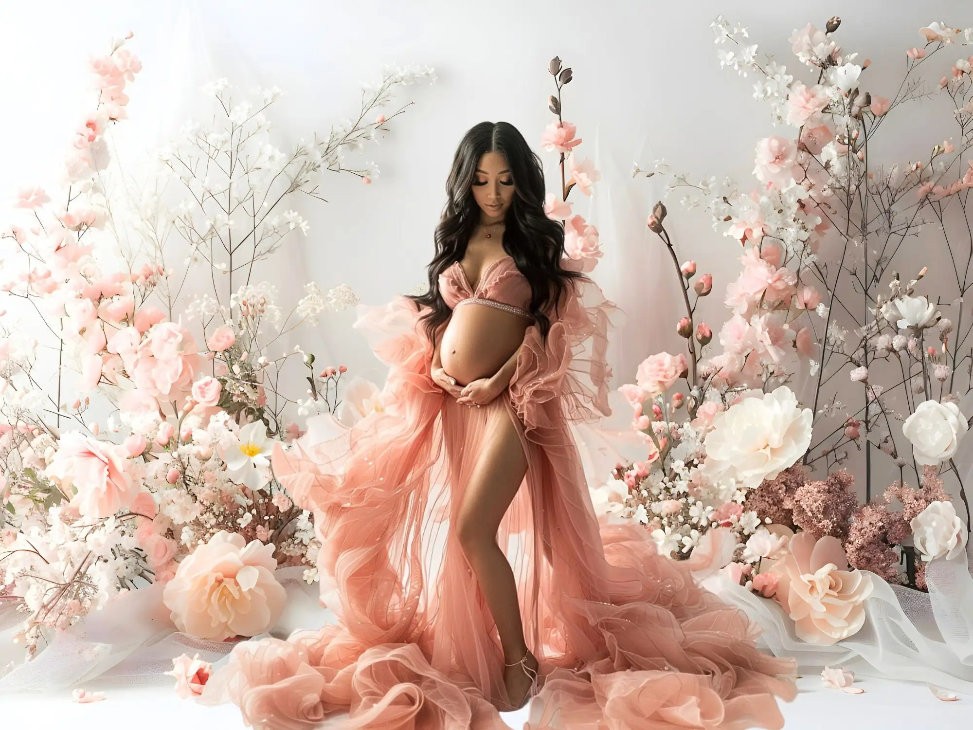 Tło fotografii Mehofond różowy tiul w kwiaty biały pokój urodziny ślub macierzyński portret wystrój zdjęcie tła Studio