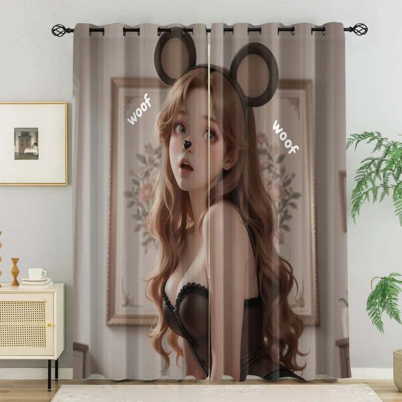 

Printed Curtains 2 Panels 85% Light Blocking Darkening Curtains, Euphoria Woof Woof Girl Print Decor For Bedroom Game Room Home