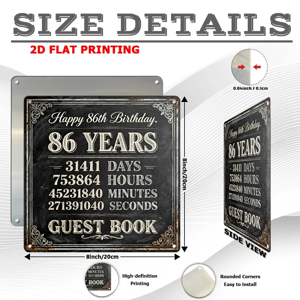 Vintage Metal Aluminum Decorative Sign, Happy 86th Birthday - 86 Years Guest Book Sign, Retro Wall Decor for Living Room