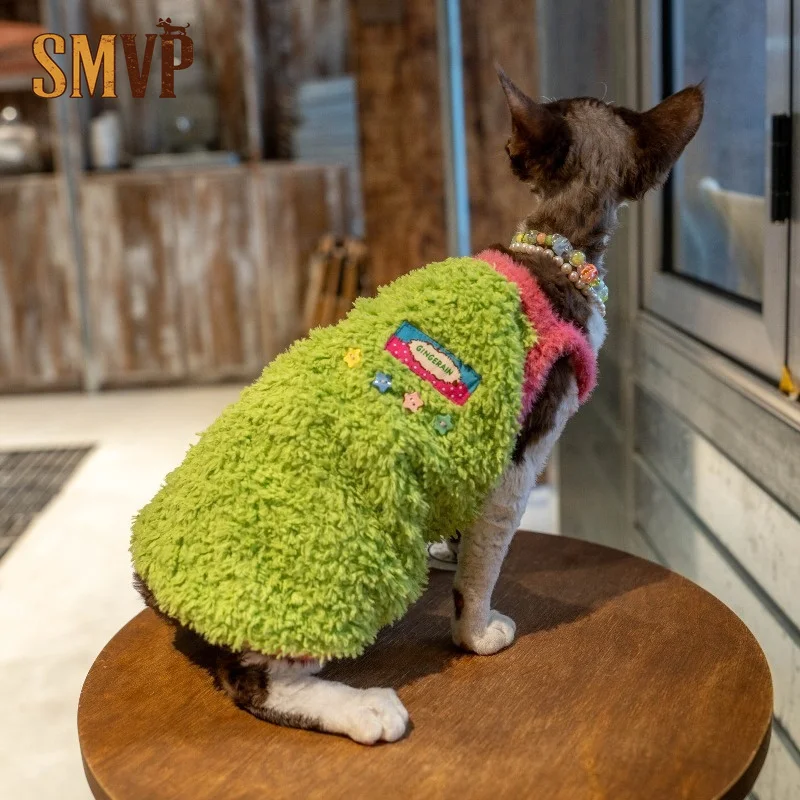 Chaleco Verde Cálido con Forro Polar para Gatos, Protector de Vientre de Invierno, Top sin Mangas con Bloques de Color, Lindo para Gatos Devon Rex sin Pelo, Ropa para Mascotas