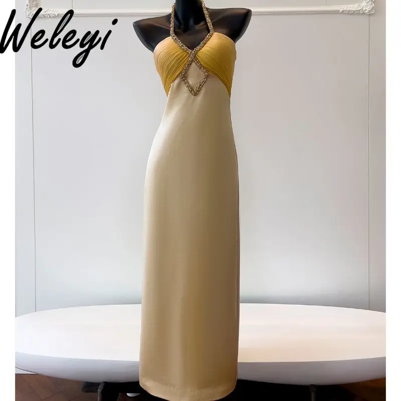 

Sexy Vestidos Sewn Drill Halter Yellow Long Evening Dress Luxury French Slim Dinner Sleeveless Long Party Dresses Ropa De Mujer