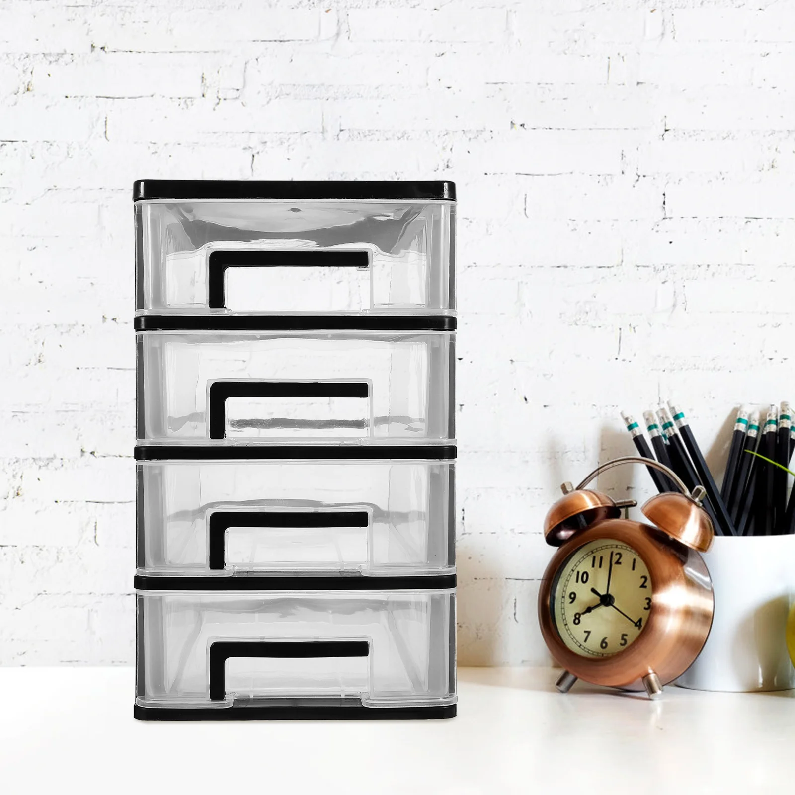 4-lagiger Schreibtisch-Aufbewahrungsbox mit Schubladen, transparenter schwarzer Organizer aus Kunststoff für Make-up-Pinsel, Mascara und Augenbrauenstifte