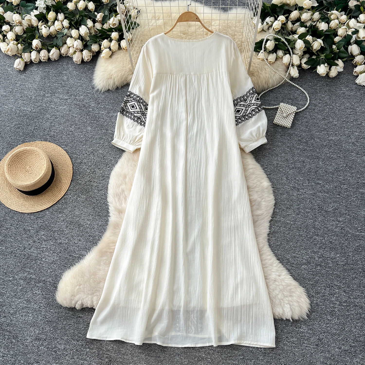 Chic vintage acanalado suelto delgado elegante Hada moda coreana Boho vestido veraniego otoño mujer ropa vestido largo