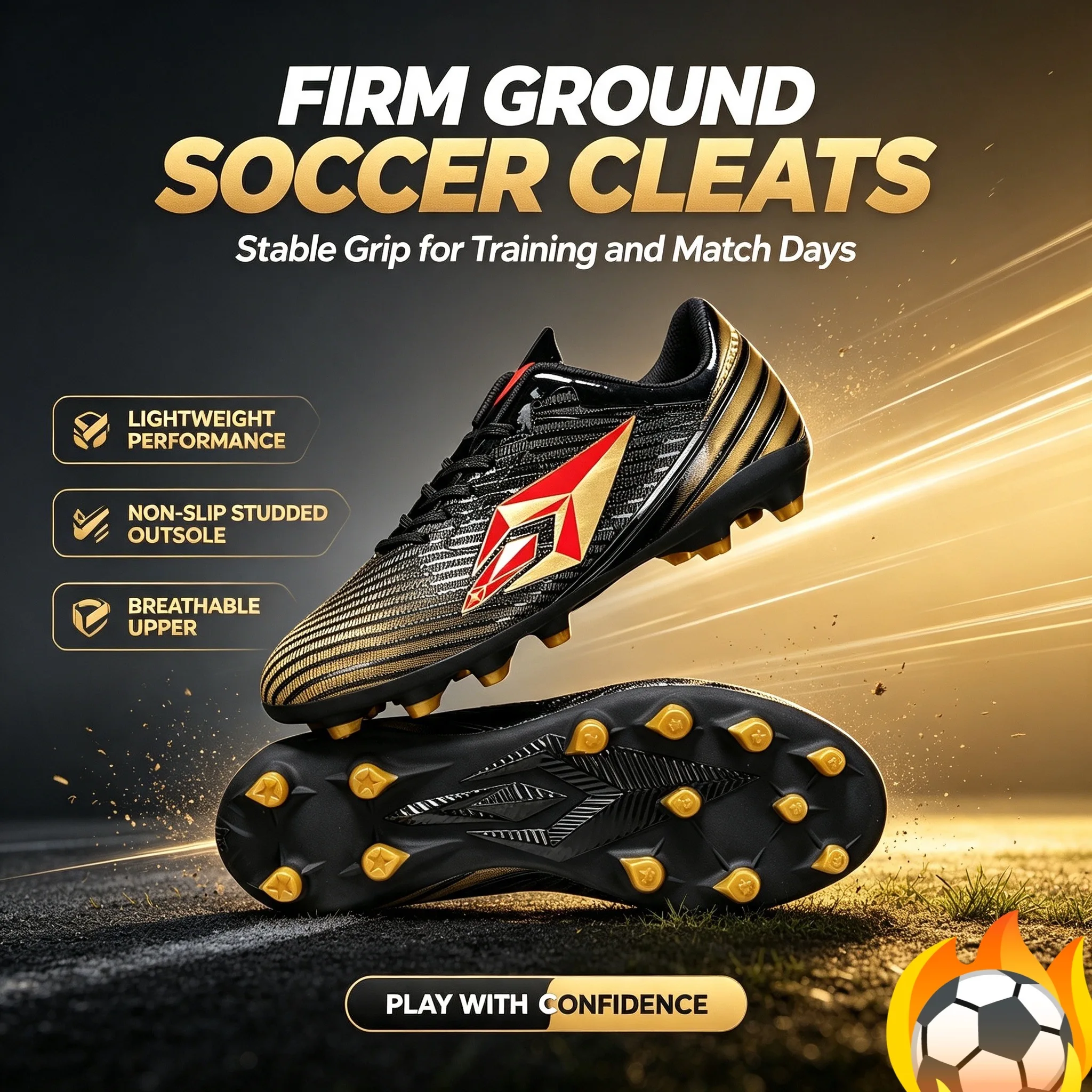 LowCut Firm Ground Soccer Cleats for Men & Teenagers, Gradient Striped Textured Upper, Flexible Long Stud Outsole, Stable Grip