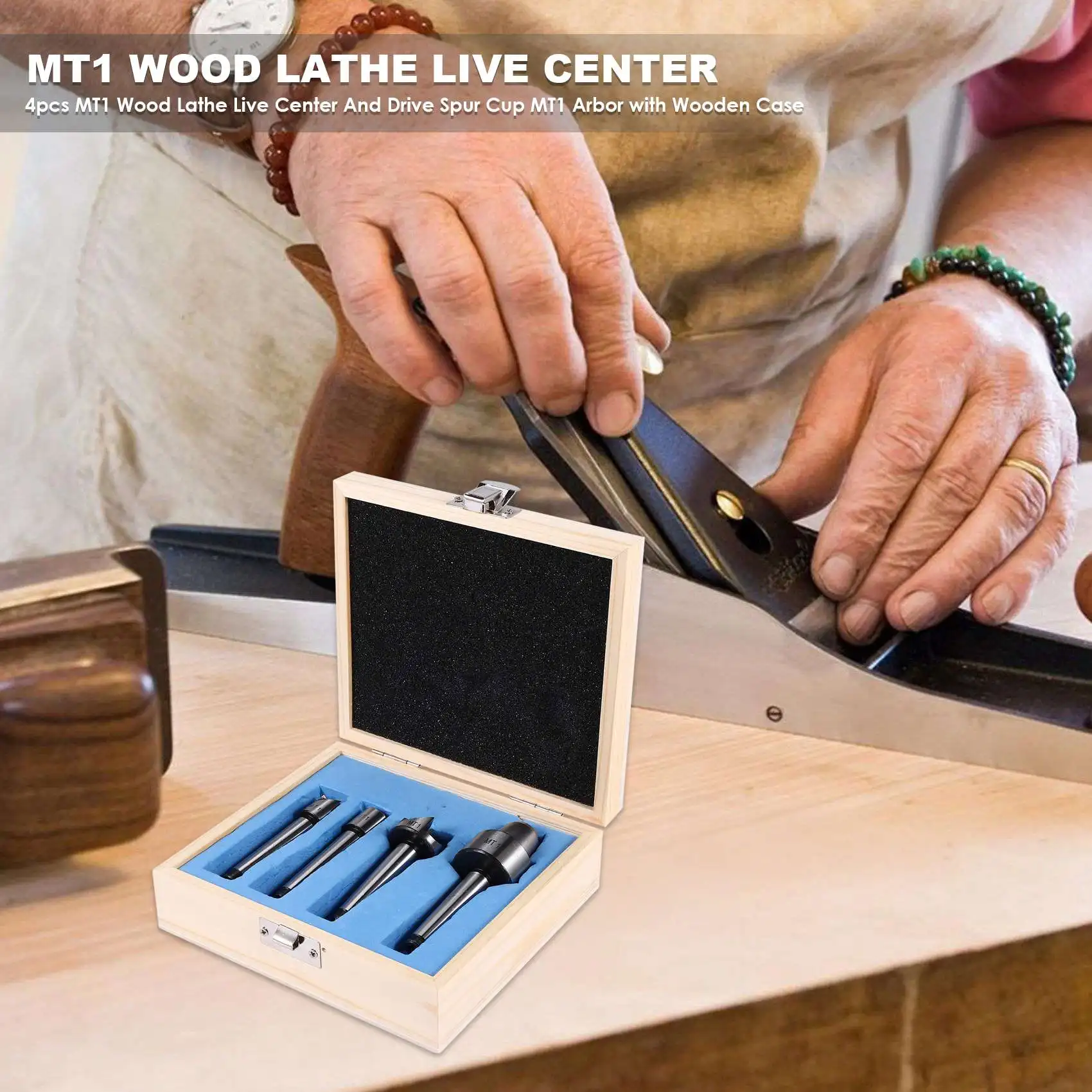 

AB46-4Pcs MT1 Wood Lathe Live Center And Drive Spur Cup MT1 Arbor With Wooden Case