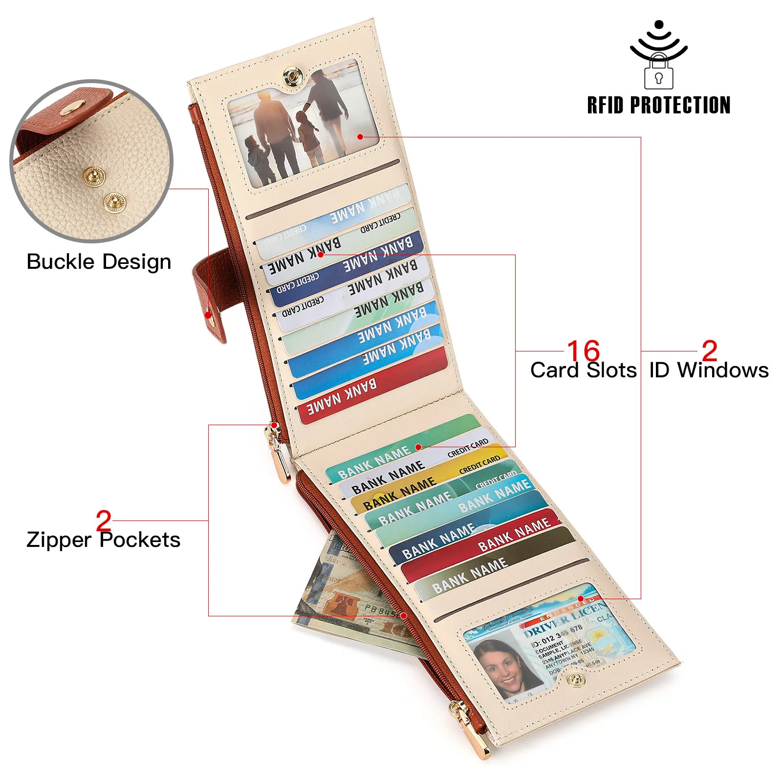 RFID Blocking Lychee Pattern PU Leather Ultra-thin Long Women Wallet Large Capacity Multi-cards Coin Purse for Ladies