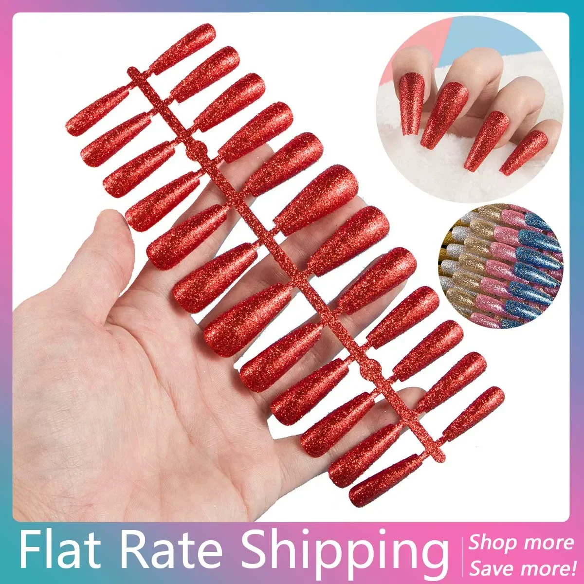 Flat Rate Shipping 1 Set Shiny Hot Red Glitter Coffin False Nail Tips DIY Ballerina Long Fake Nail Faux Ongles Nail Art