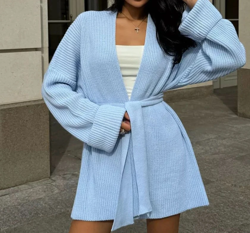 

Knitted Cardigan with Belt, Full-length, Women's Style