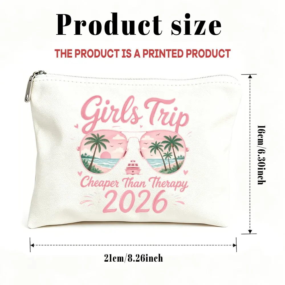 Makeup Cosmetic Bag Toiletry Pouch 2026 Trip Cheaper Than Therapy Pink Sunglasses Beach Palm Sunset Print Makeup Pouch for Women