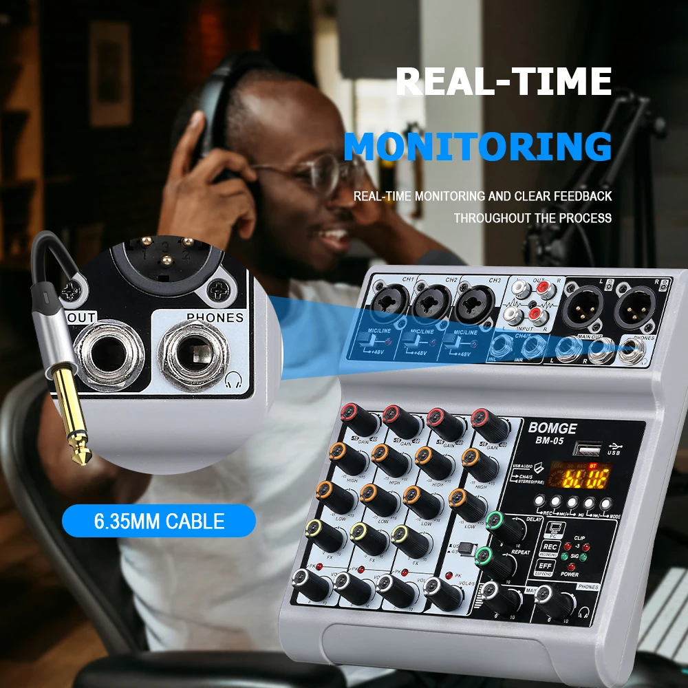 وحدة تحكم خلط خلاط الصوت BOMGE BM05 مع 5 قنوات رقمية USB بلوتوث تأثير تأخير الصدى 48 فولت خلاطات DJ ستيريو الطاقة الوهمية