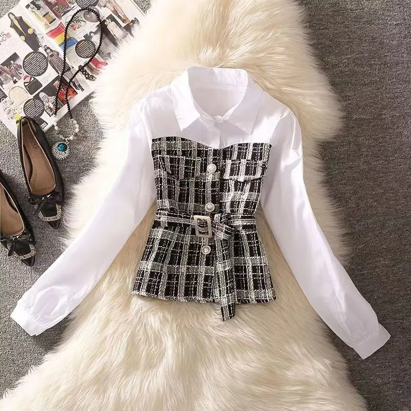 Women's fashion patchwork plaid lace up waist style fake two-piece shirt versatile slimming button top