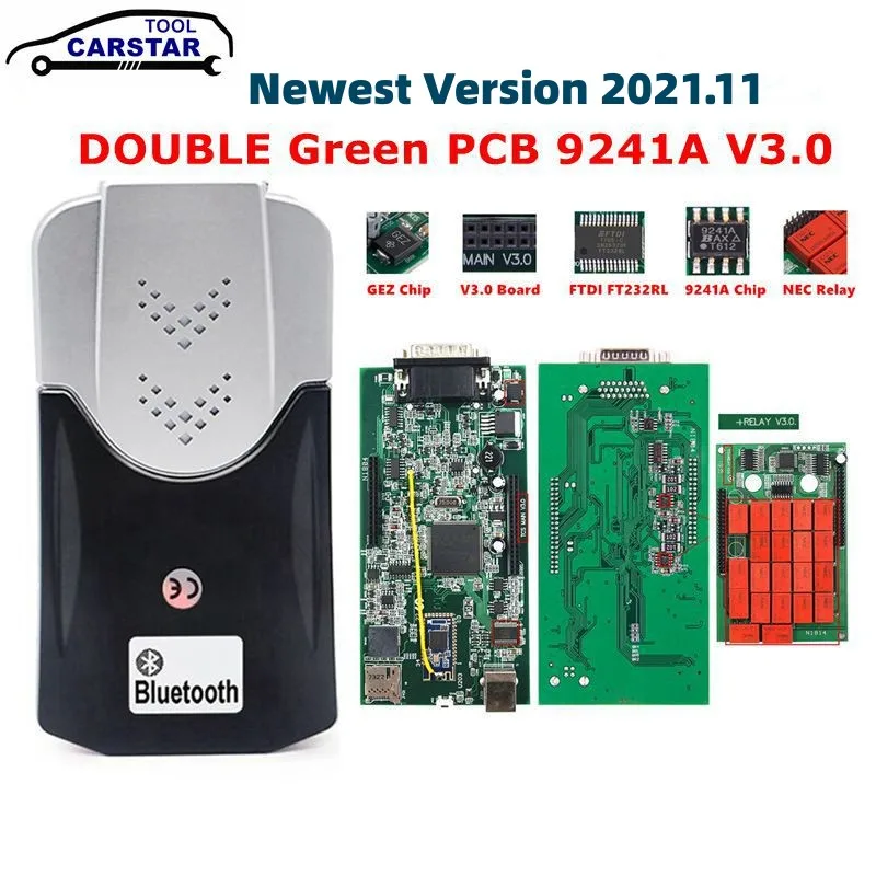 

VD150 Bluetooth V3.0 2021.11/2020.23 Free Keygen Green Double PCB Real 9241A Chip NEC Relays For Car/Truck TCS PRO VCI
