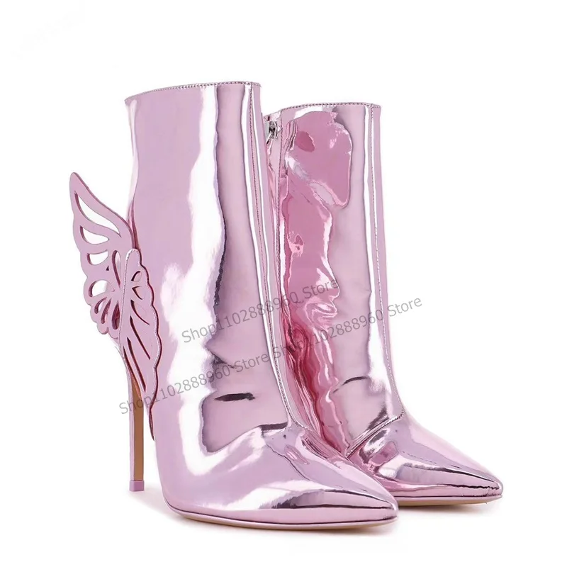 

Mid Calf Pink Metallic Butterfly Wing Decor Boots Thin High Heel Women Shoes Side Zipper Pointed Toe 2023 Zapatos Para Mujere