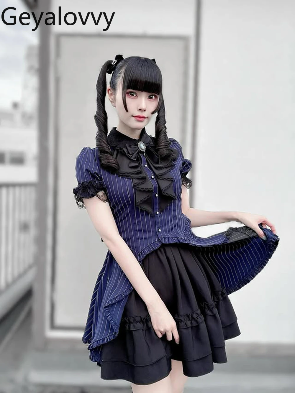 

Japanese Gothic Retro Bow Lace Trim Ruffle Short Sleeve Dress Palace Style Striped Dresses and Base Short Skirt Two-Piece Set