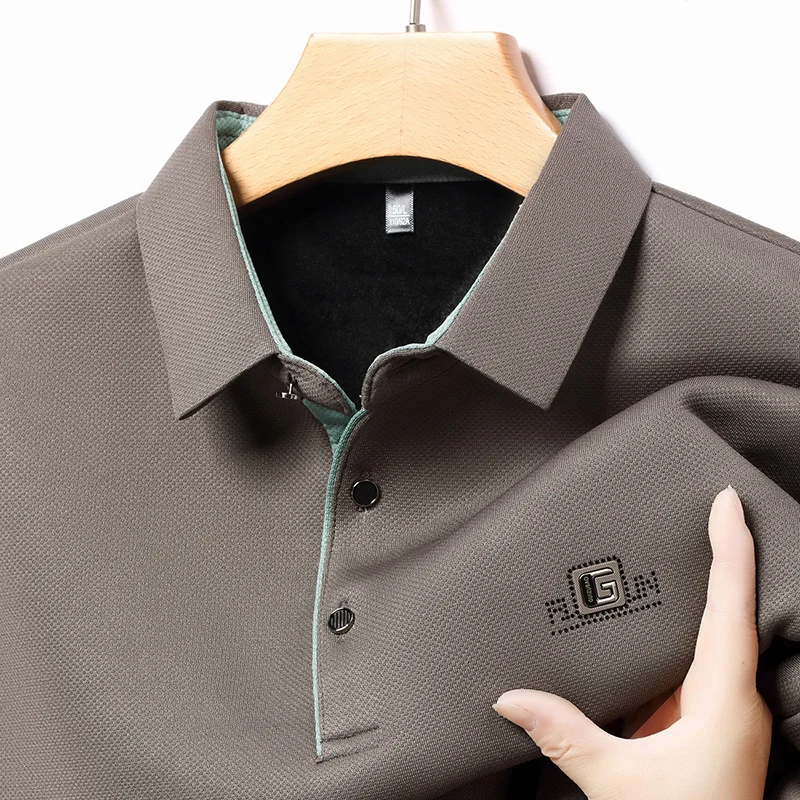 Thick New Item Seamless Men's 2024 Autumn Polo Shirt High-End Brand Printed Long Sleeved Plush Casual Lapel T-Shirt Men's Wear