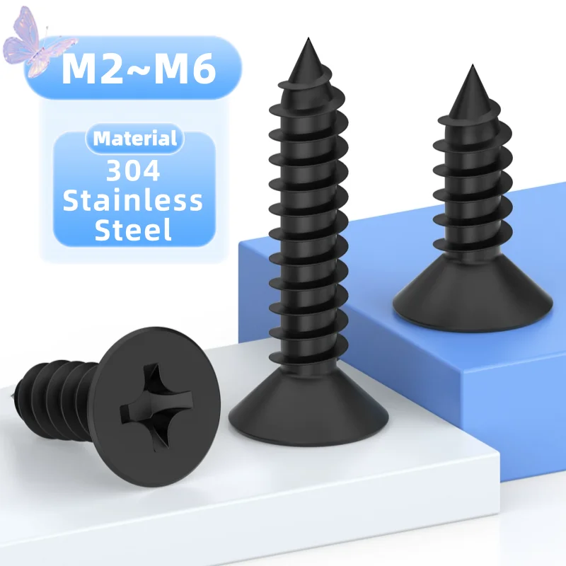304 Stainless Steel Phillips M2 M2.6 M3 M3.5 M4 M5 M6 Cross Countersunk Flat Head Self-tapping Screw Black