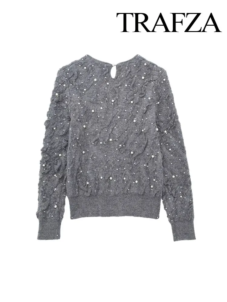 TRAFZA-Jersey de cuello redondo para mujer, Jersey ajustado con manga de muñeca, parte superior texturizada decorada con perlas artificiales, color