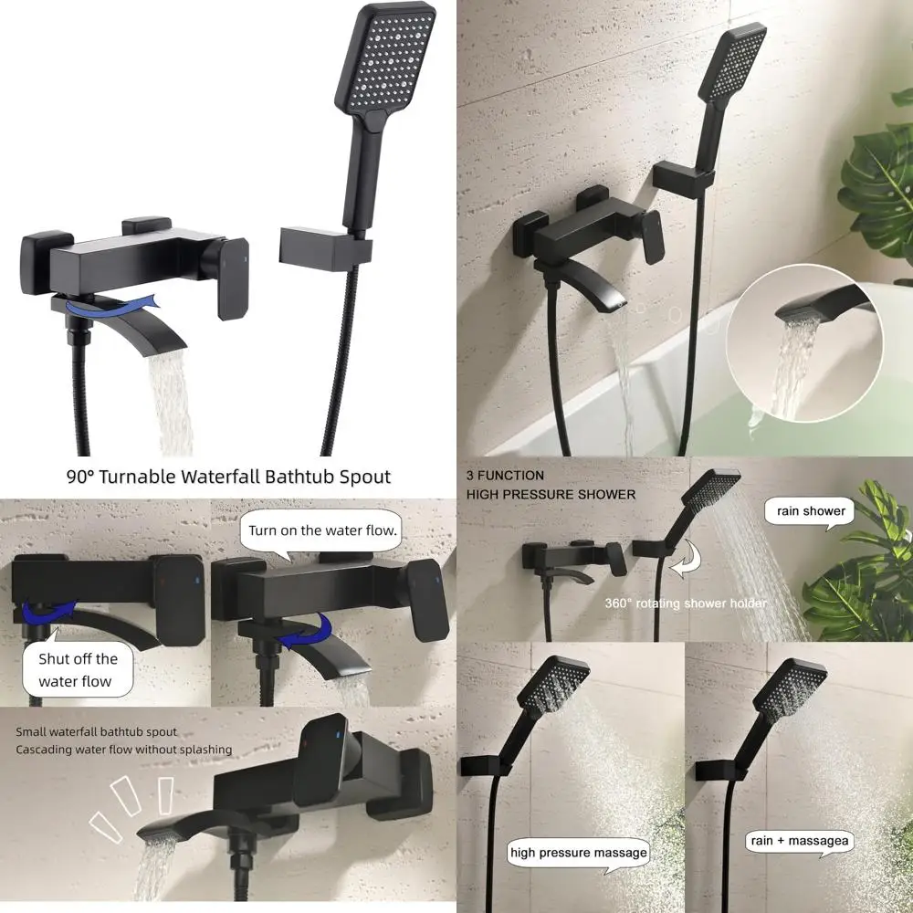 

3-Function Wall Mount Tub Faucet with Handheld Sprayer, Matte Black Shower System featuring Extended Folding Spout